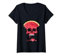 Women's Watermelon Skull Minimalist Fruit Art Design V-Neck T-Shirt