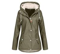 Womens Waterproof Fleece Jackets Plus Size Outdoor Winter Warm Hooded Jacket Raincoats with Pocket Drawstring Windproof Trench Coats Softshell Rianjacket Hiking Walking Camping A Army Green XL