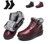 Women's Waterproof Non-Slip Cotton Leather Boots,Winter Comfortable Non-Slip Shoes,Winter Waterproof Non-Slip Thick Plush Fur Lined Ankle Snow Boots,Mama Cotton Leather Shoes with Zipper (Red,39 EU)