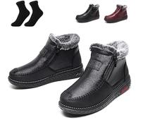 Women's Waterproof Non-Slip Cotton Leather Boots,Winter Comfortable Non-Slip Shoes,Winter Waterproof Non-Slip Thick Plush Fur Lined Ankle Snow Boots,Mama Cotton Leather Shoes with Zipper (Black,38 EU)