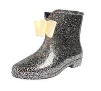 Women's Waterproof Wellington Boots Glitter Bow Casual Rain Shoes Black 4.0