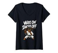 Women's Wax ON DACHS Off Funny Dachshund Karate Dog V-Neck T-Shirt