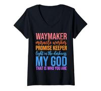Women's Waymaker Miracle Worker Promise Keeper Jesus Christian Faith V-Neck T-Shirt