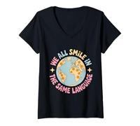 Womens We All Smile in The Same Language | Global Unity | Positive V-Neck T-Shirt
