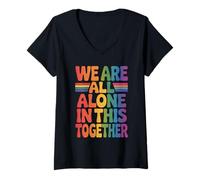 Womens We are All Alone in This Together Retro 70s LGBTQIA+ Pride V-Neck T-Shirt