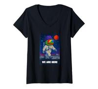 Womens We are Here, Cool Green Frog Astronaut Illustration Graphic V-Neck T-Shirt