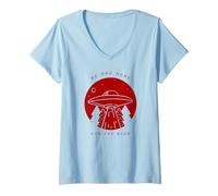 Womens We are Here for The Beer (Funny Alien UFO Graphic) V-Neck T-Shirt