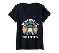 Womens We are Here for The Kitties UFO Cat V-Neck T-Shirt