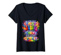 Women's WE are Like A Box of Crayons Teacher Inspirational Diversity V-Neck T-Shirt