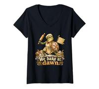 Women's We Bake at Dawn Funny Frog Baker Bread Warrior V-Neck T-Shirt