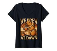 Women's We Brew At Dawn Capybara Coffee Animals V-Neck T-Shirt