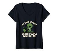 Womens We Come in Peace Earth People Bwah Hah Hah V-Neck T-Shirt