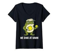 Women's We Dink At Dawn Grumpy Frog Pickleball Player Humor V-Neck T-Shirt