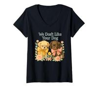 Womens We Don’t Like Your Dog Funny Vintage Dogs with Bows V-Neck T-Shirt