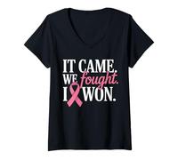 Women's We Fought Breast Cancer Survivor Pink Ribbon V-Neck T-Shirt