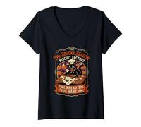 Women's We Knead 'Em You Want 'Em Spooky Season Biscuit Factory Cat V-Neck T-Shirt