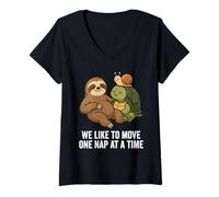 Womens We Like to Move One Nap at A Time Funny Sloth Turtle Snail V-Neck T-Shirt