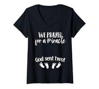 Womens We Prayed For a Miracle God Sent Two 2026 Twins Baby Shower V-Neck T-Shirt