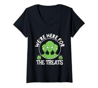 Womens We’re here for The Treats - Funny Alien Halloween V-Neck T-Shirt