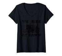 Womens We Ride at Dawn | Funny Lawnmower Slogan | Tractor Mower V-Neck T-Shirt
