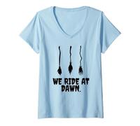 Womens We Ride at Dawn Funny Witches Broom Halloween Costume Humor V-Neck T-Shirt
