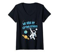 Women's We Rise By Lifting Others Astronaut Uplifting Kindness V-Neck T-Shirt