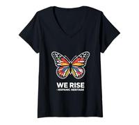 Womens We Rise Hispanic Heritage Butterfly Flags Unity V-Neck T-Shirt
