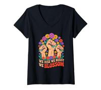 Womens We Rise We Resist We Blossom Fists Flowers V-Neck T-Shirt