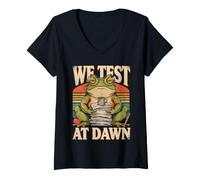 Women's We Test At Dawn Frog Coffee Study Humor V-Neck T-Shirt