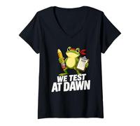 Women's We Test At Dawn Funny Teacher Testing Frog Exam Day V-Neck T-Shirt