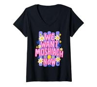 Women's We Want Moshiach Now Chabad Lubavitch Rebbe Jewish Messiah V-Neck T-Shirt