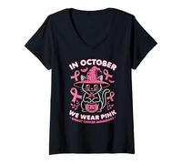 Womens We Wear Pink in October Breast Cancer Women Halloween Cat V-Neck T-Shirt