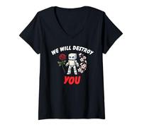 Women's We Will Destroy You Cool Robot Flower T Shirt V-Neck T-Shirt