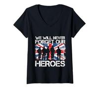 Womens We Will Never Forget Our Heroes Flag UK British Veteran V-Neck T-Shirt