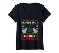 Womens We Wish You A Meowy Catmas Ugly Christmas Sweaters Cat Xmas V-Neck T-Shirt
