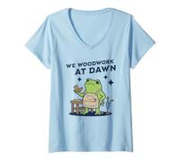 Women's We Woodwork At Dawn Frog Woodworker Carpenter V-Neck T-Shirt