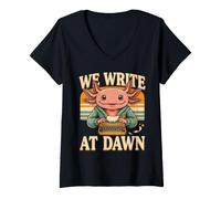 Women's We Write At Dawn Axolotl Morning Writing Ritual V-Neck T-Shirt