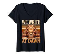 Women's We Write At Dawn Frog Writer Typewriter Quote V-Neck T-Shirt