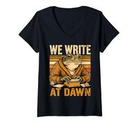 Women's We Write At Dawn Frog Writer Typewriter Quote V-Neck T-Shirt