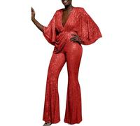 Womens Wear Sequins Sexy Deep V Neck Open Back Jumpsuit Long Pants Bodysuits Jumpsuits for Women Evening Gala Party Clubwear Formal One Piece(Red, L)