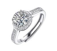 Womens Wedding Bands Moissanite, Promise Rings 14K White Gold Round Shape Halo Elegant 1Ct Ring Adjustable with Jewelry Box Size L 1/2