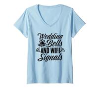 Womens Wedding Bells & Wi-Fi Online Marriage LDR Couples V-Neck T-Shirt