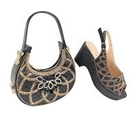 Women's Wedding Shoes and Bag Set Nigerian Style High Heels with Matching Rhinestone Handbag Black