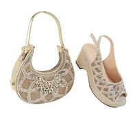 Women's Wedding Shoes and Bag Set Nigerian Style High Heels with Matching Rhinestone Handbag Gold
