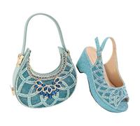 Women's Wedding Shoes and Bag Set Nigerian Style High Heels with Matching Rhinestone Handbag Sky Blue