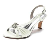 Women's Wedding Summer Heeled Sandals Open Toe Kitten Heel Pumps Slip on Backless Rhinestones Dress Shoes for Party Office Date,Ivory,7 UK