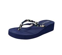 Women's Wedge Flip Flops Thick Sole Non-Slip Beach Flower Print T Strap Clip Toe Sandals for Lightweight Arch Support Quick-Dry Footwear Holiday Summer Walking Toe Post Slippers (Navy, 6)