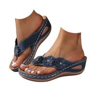 Women's Wedge Flip Flops UK Vintage Orthopedic Slides Comfortable Light Sandals Summer Vacation Slim Sandals Non-Slip Sole Casual Arch Support Slides Women Outdoor Beach Walking Shoes Size 4-7.5 Navy