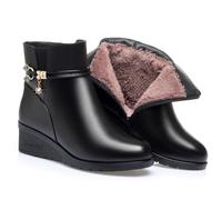 womens wedge heel booties soft leather side zipper sparkly rhinestone winter warm thick fur lining snow boot, Black, 5 UK