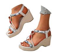 Womens Wedge Heel Sandals - Espadrille Outdoor Casual Sandals Boho Beaded Platform Sandal Breathable Getaway Sandal Summer Slip On Shoes With Elastic Ankle Strap Square Open Toe Footwear For Holiday